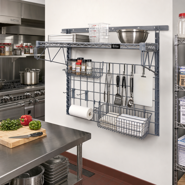 Product image #2 for Quantum SGK-401836-2GY Medium-Duty Wall-Mounted Storage Grid Starter Kit with Shelf, Basket, and Holders