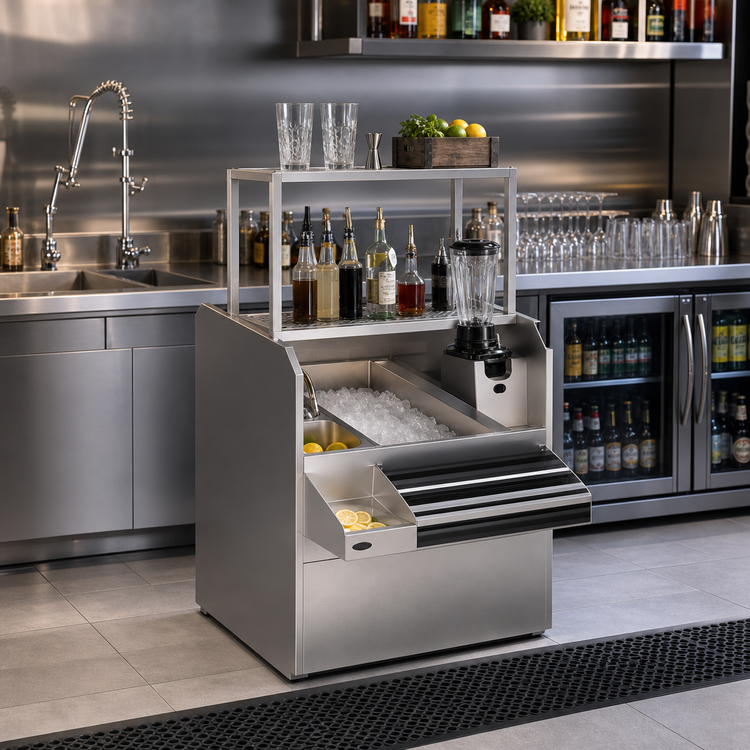 Product image #3 for Krowne Royal Series 36-Inch Pass-Thru Underbar Ice Bin/Cocktail Station with Right-Side Ice Bin, 10-Circuit Cold Plate, Double Speed Rail, and Blender Shelf