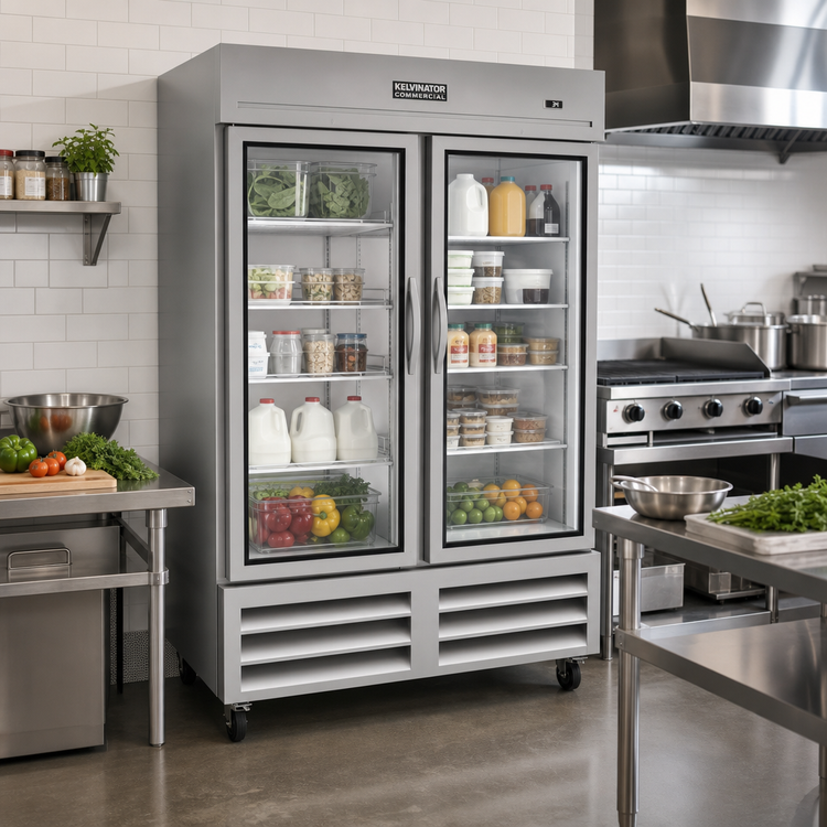 Product image #2 for Kelvinator Commercial 54-Inch Two-Section Glass Door Reach-In Refrigerator, 49 Cu. Ft., Bottom Mount
