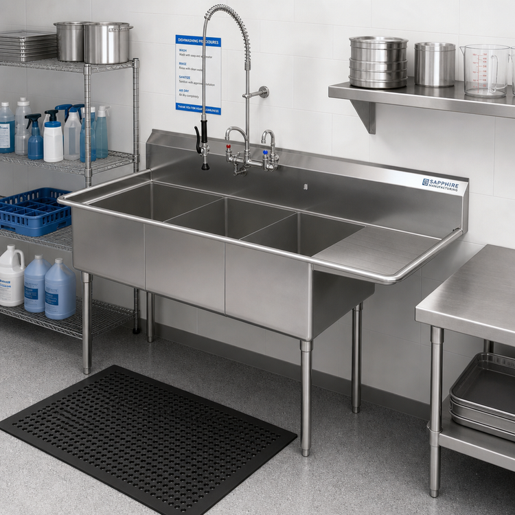 Product image #2 for Sapphire Manufacturing 3-Compartment Floor Model Stainless Steel Sink with Right Drainboard, 62-1/2 Inch Wide