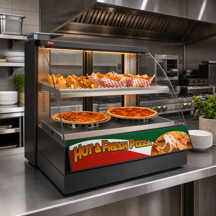 Product image #2 for Hatco Flav-R-Savor Heated Countertop Hot Food Display Case with Humidity, Curved Glass, and 2-Pan Double Shelf