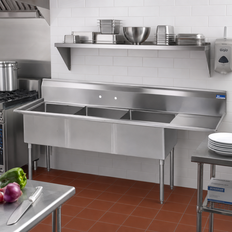Product image #2 for BK Resources Three-Compartment Stainless Steel Sink with Right-Hand Drainboard, 62-1/2 Inch Wide