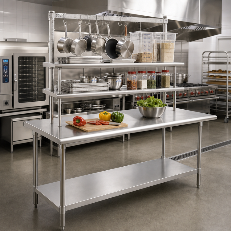 Product image #2 for Eagle Group Spec-Master B Series Stainless Steel Work Table, 72" x 30", with Flex-Master Overshelves and Pot Racks