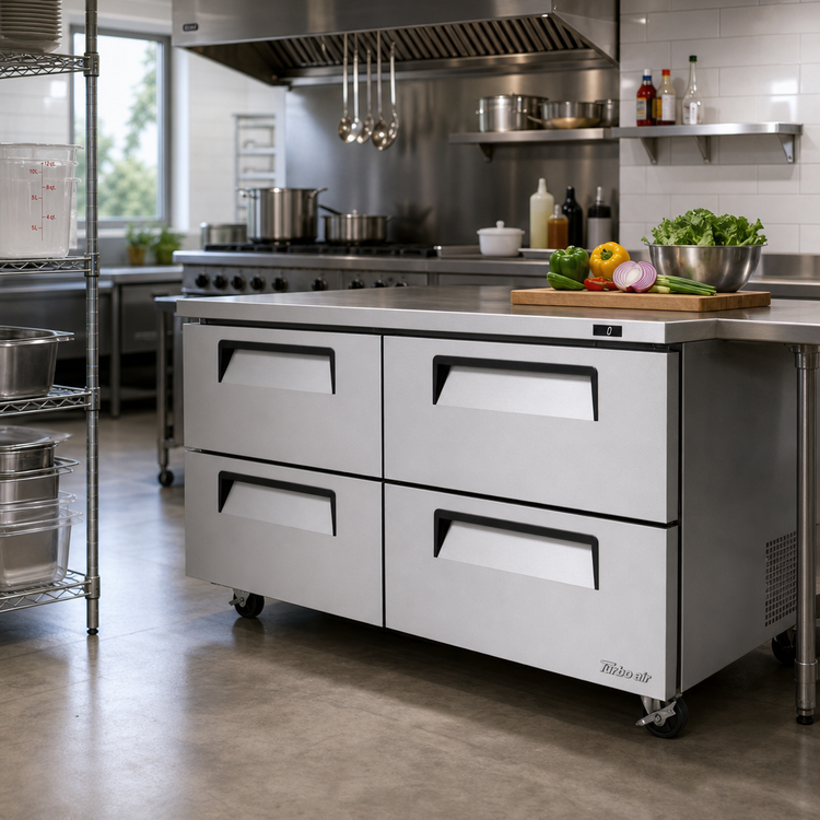 Product image #2 for Turbo Air Super Deluxe 60-Inch Two-Section Undercounter Drawer Freezer with 4 Drawers, Rear-Mount Self-Contained Refrigeration