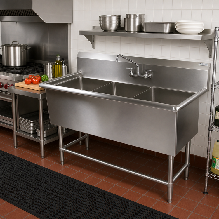 Product image #2 for John Boos Pro-Bowl 3-Compartment Stainless Steel Sink, 65-1/8-Inch Wide, 10-Inch Backsplash