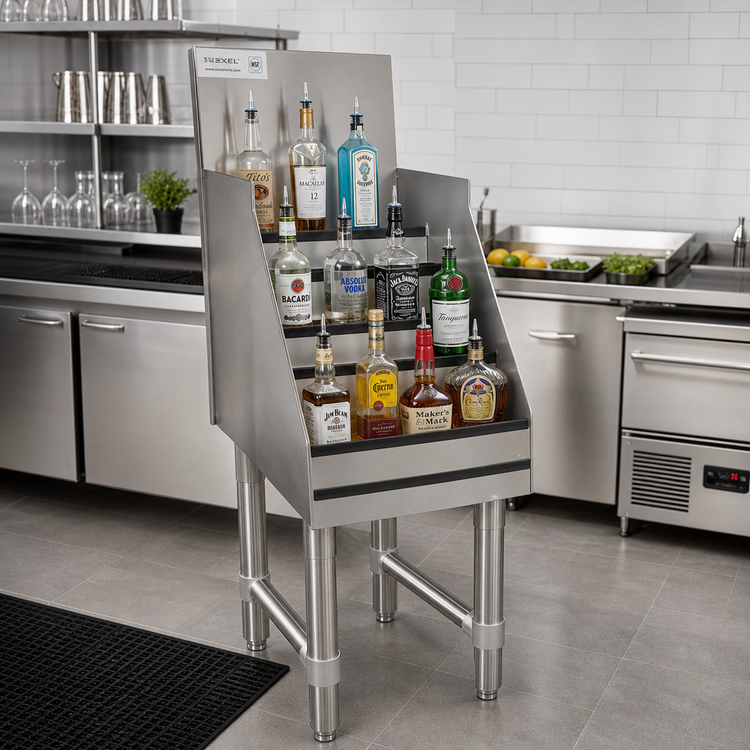 Product image #2 for Freestanding Underbar Raised Liquor Bottle Display Unit, 12-Bottle, 5-Step, 304 Stainless Steel