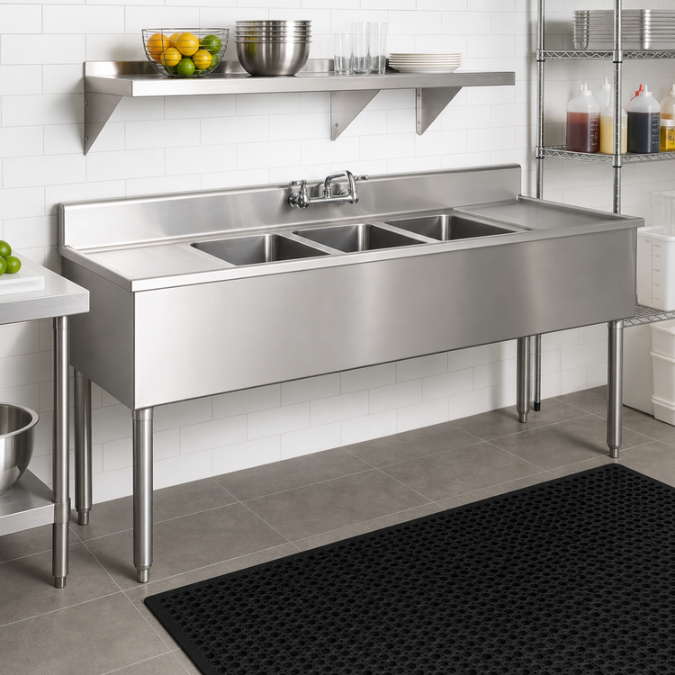 Product image #2 for Eagle Group 1800 Series 60 Inch Three-Compartment Underbar Sink Unit with Left and Right Drainboards