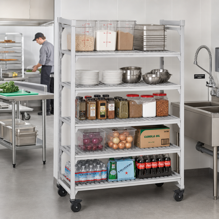 Product image #3 for Cambro Camshelving Premium 5-Shelf Vented Mobile Starter Unit, 24-Inch Deep x 42-Inch Long x 75-1/4-Inch High, Speckled Gray