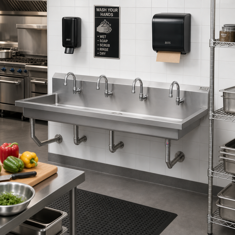 Product image #2 for John Boos 80-Inch Wall-Mount Multi-Station Hand Wash Sink with Four Single-Hole Faucet Openings