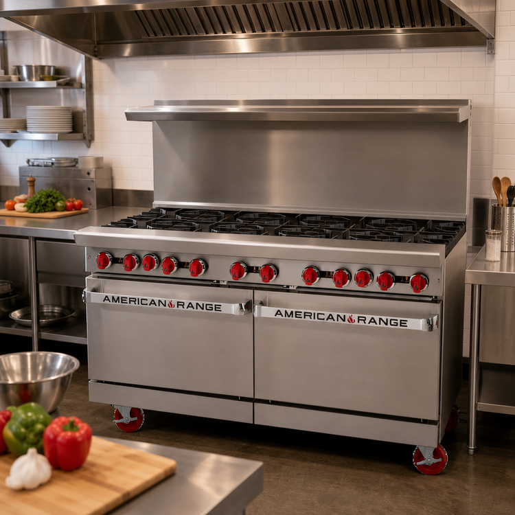 Product image #2 for American Range 60-Inch Gas Restaurant Range with 10 Open Burners, Left Convection Oven, and Right Storage Base