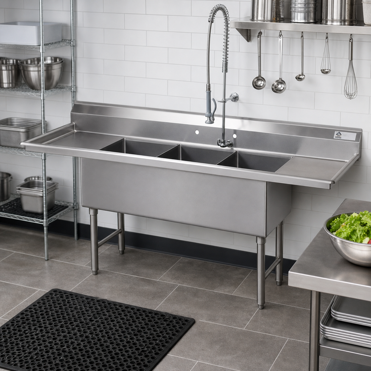 Product image #2 for Advance Tabco 3-Compartment Fabricated Stainless Steel Sink with Left and Right Drainboards, 16 x 20 x 14-Inch Bowls