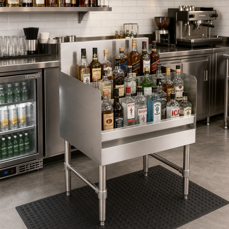 Product image #2 for John Boos Slim-Line Freestanding Underbar Liquor Bottle Display Unit, 12 x 18 x 32-1/2 Inches, 3-Step Stainless Steel