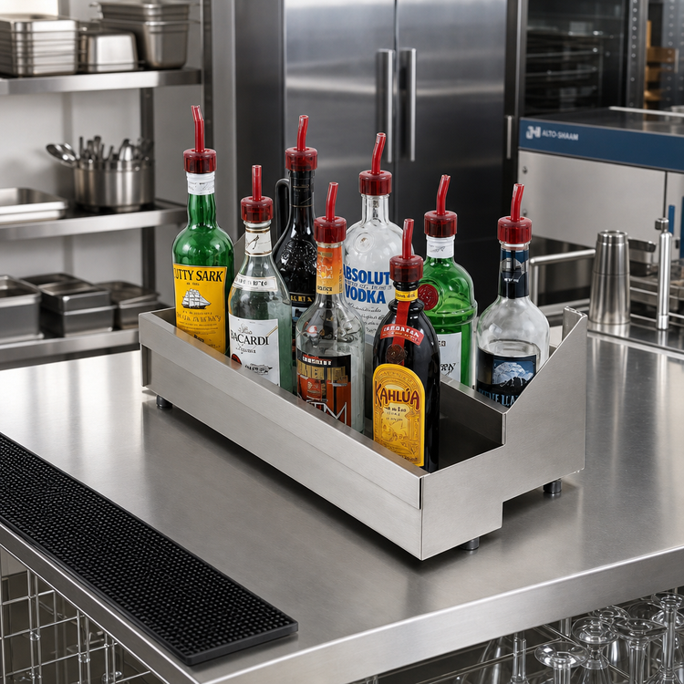 Product image #2 for Advance Tabco Underbar Basics™ Heavy-Duty Double-Tier Stainless Steel Speed Rail, 15 Inch, 8-Bottle Capacity