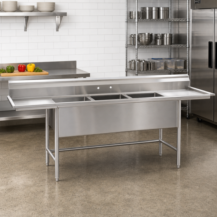 Product image #2 for Eagle Group S14 Series 2-Compartment Floor Model Sink with Dual Drainboards, 81-Inch Wide, 14-Gauge 304 Stainless Steel