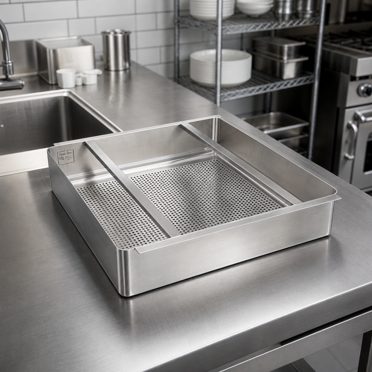 Product image #2 for 19-1/2 x 19-1/2 x 5 Inch Deep Stainless Steel Drain Basket for Dish Tables