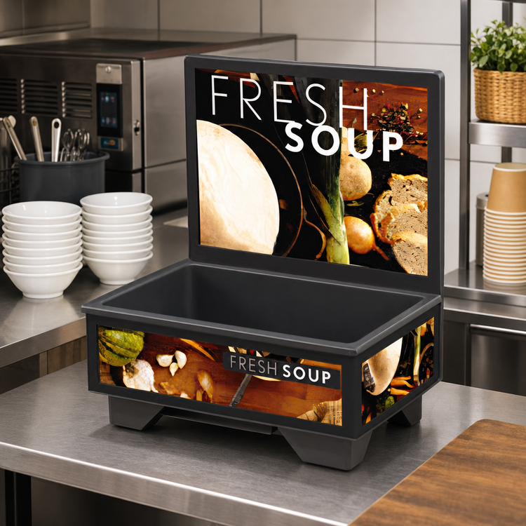 Product image #2 for Vollrath Cayenne Full-Size Rethermalizing Soup Merchandiser with Flush-Mount Menu Board, Tuscan Graphics, Base Unit Only