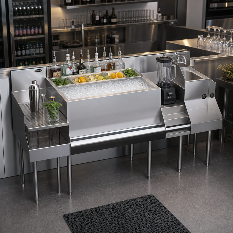 Product image #3 for Krowne Royal Series 72-Inch Underbar Cocktail Station with Center Ice Bin, Blender Station, Liquor Display, Drainboard, and 10-Circuit Cold Plate