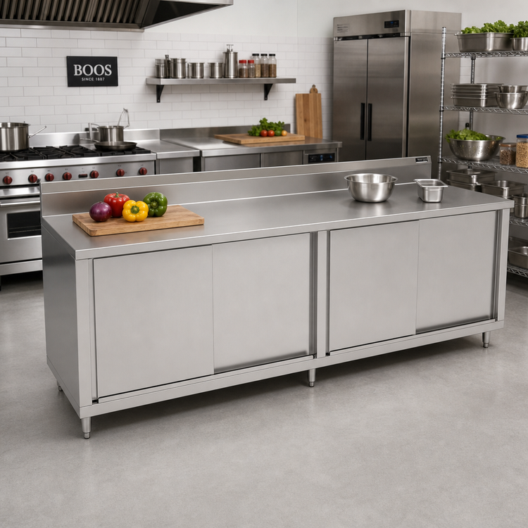 Product image #2 for John Boos Enclosed Cabinet Base Work Table with Sliding Doors, 144 x 30-Inch, 14-Gauge Stainless Steel Top, 5-Inch Backsplash
