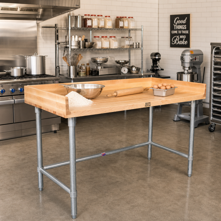 Product image #2 for John Boos Baker's Top Wood Work Table with 4-Inch Coved Riser and Galvanized Base, 72 x 36 Inches