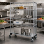 Thumbnail image #2 for Quantum M2448CG46RE Mobile Enclosure Wire Shelving Cart, 48 x 24 x 69 Inches, 3 Wire Shelves and 1 Solid Shelf, Chrome Finish