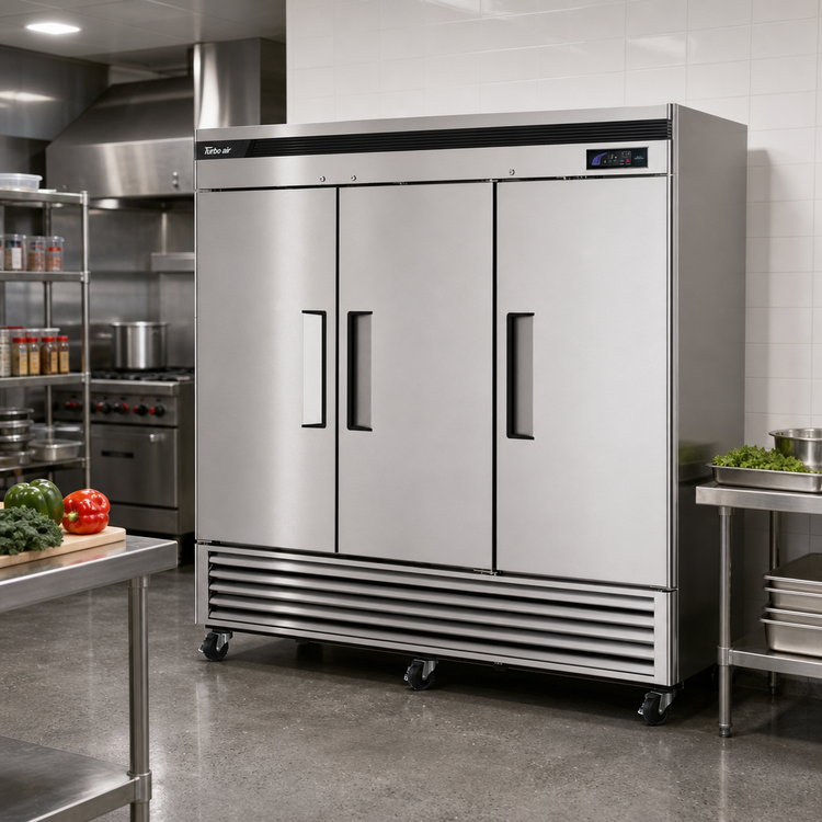 Product image #2 for Turbo Air Super Deluxe Three-Section Reach-In Freezer, 63.8 Cu. Ft., Solid Doors, Bottom Mount, 115V