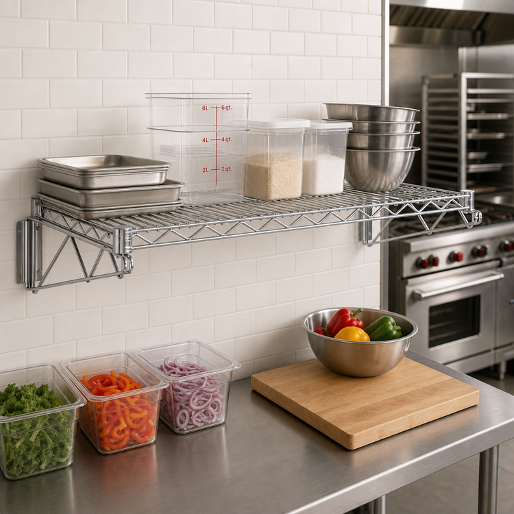 Product image #2 for Quantum Wall-Mount Cantilever Single Wire Shelf, 30 x 21 Inches, Chrome Plated