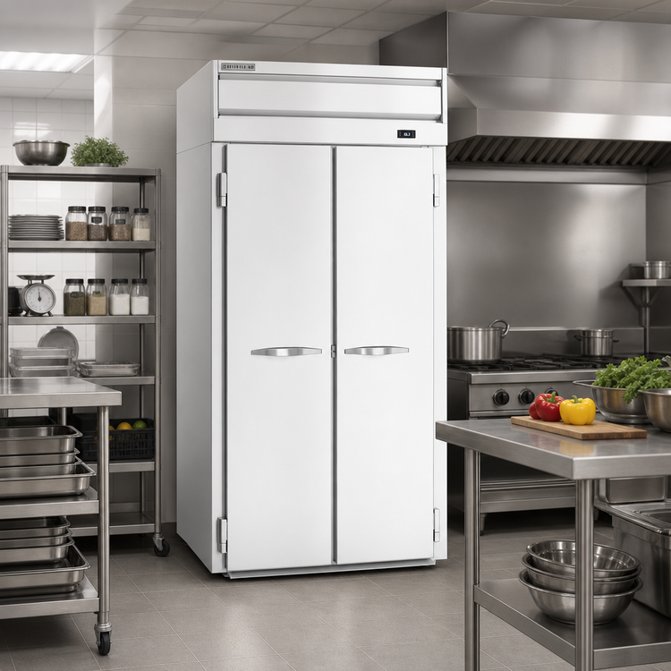 Product image #2 for Beverage-Air P-Series Extra Tall Roll-Thru Refrigerator, One-Section, Top-Mount Self-Contained, Two Solid Doors