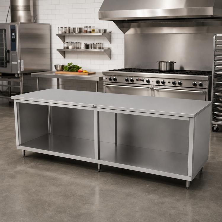 Product image #2 for John Boos 96-Inch x 30-Inch Stainless Steel Work Table with Open Front Cabinet Base and Flat Top