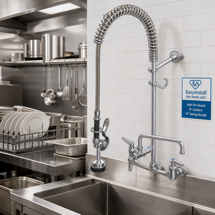 Product image #2 for T&S Brass EasyInstall Wall-Mount Pre-Rinse Unit with Add-On Faucet, 8-Inch Centers, 14-Inch Swing Nozzle