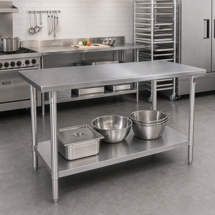 Product image #2 for John Boos Stallion 84 in. x 30 in. 14-Gauge Stainless Steel Work Table with Open Base and Adjustable Undershelf