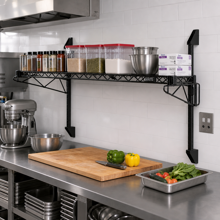 Product image #2 for Quantum Cantilever Single Shelf Wall-Mount Wire Shelving Unit, 72 x 12 Inches, Black Epoxy Antimicrobial Finish