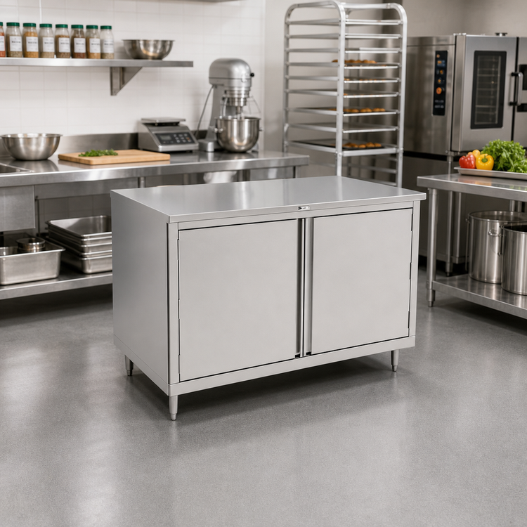 Product image #2 for John Boos Cabinet Base Enclosed Work Table with Hinged Doors, 36 x 30 Inches, Stainless Steel Flat Top