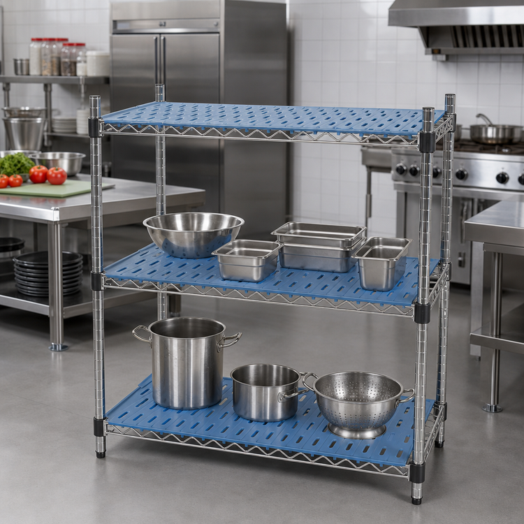 Product image #2 for QuadPlus 48 Inch x 18 Inch Vented Blue Polymer Shelf Mat with Chrome Wire Frame