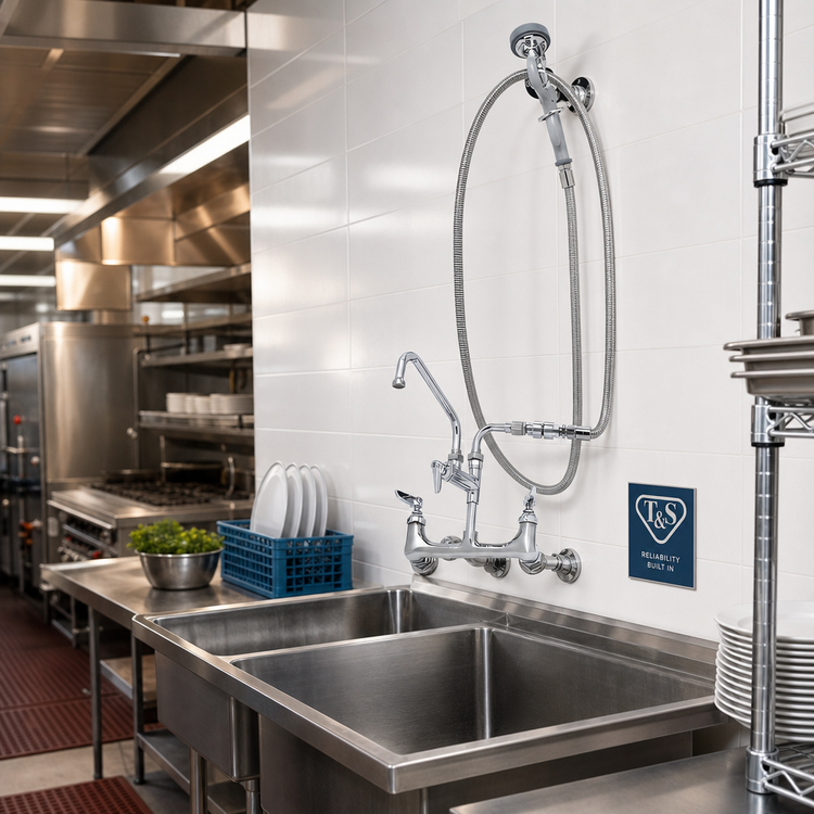 Product image #2 for T&S Brass Wall-Mount Pre-Rinse Spray Assembly with 8-Inch Adjustable Centers, 12-Inch Swing Nozzle and 104-Inch Hose