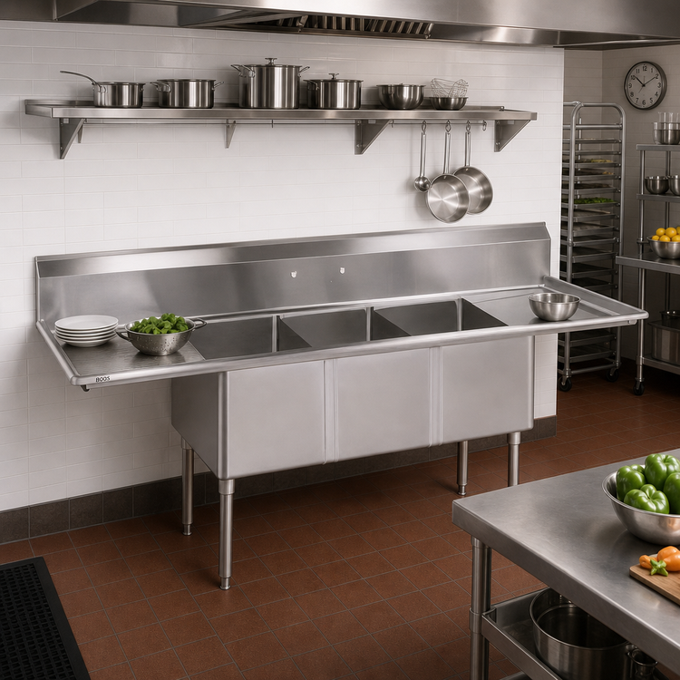 Product image #2 for John Boos E-Series 3-Compartment Stainless Steel Sink with Dual Drainboards, 102-Inch Wide