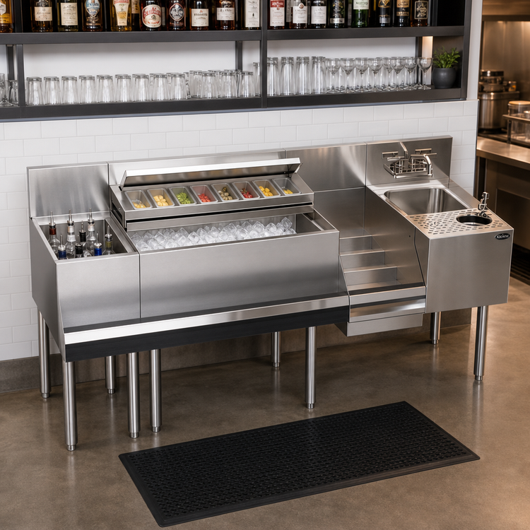 Product image #3 for Krowne Zero-Step Underbar Beverage Workstation, 68-Inch Wide x 24-Inch Deep, with 30-Inch Ice Bin, Dump Sink, Glass Rinser, and Speedrail