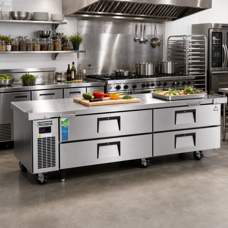 Product image #2 for Everest Refrigeration Two-Section Four-Drawer Chef Base Refrigerator, 86-1/4 Inch Wide, Side-Mounted Self-Contained R290