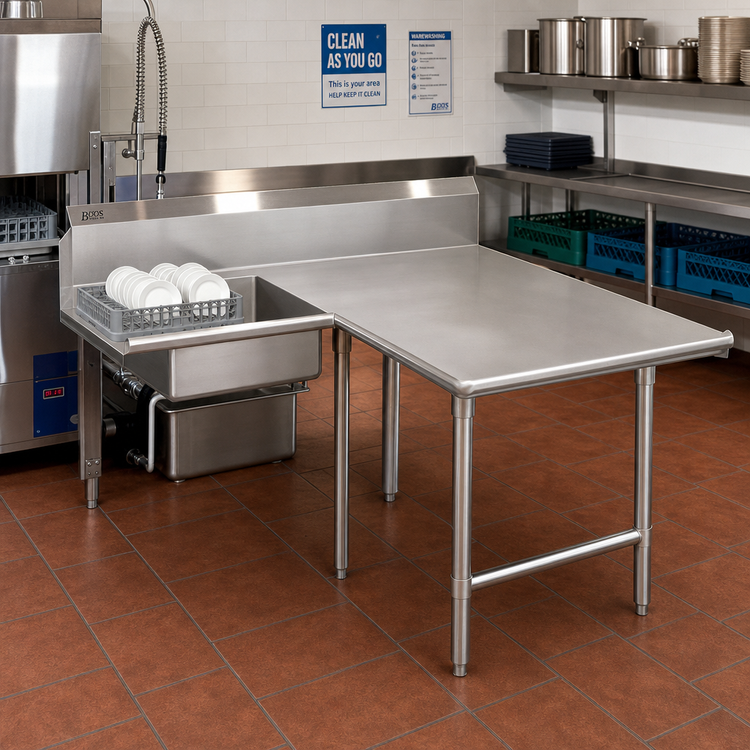 Product image #2 for John Boos Pro-Bowl L-Shaped Soiled Landing Dishtable with 10-Inch Landing Shelf, 70-Inch Machine-to-Corner x 144-Inch Corner-to-End, Right-to-Left