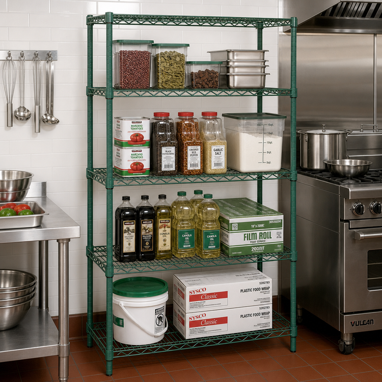 Product image #2 for Quantum 24"W x 14"D x 74"H Stationary Wire Shelving Starter Kit with Green Epoxy Antimicrobial Finish