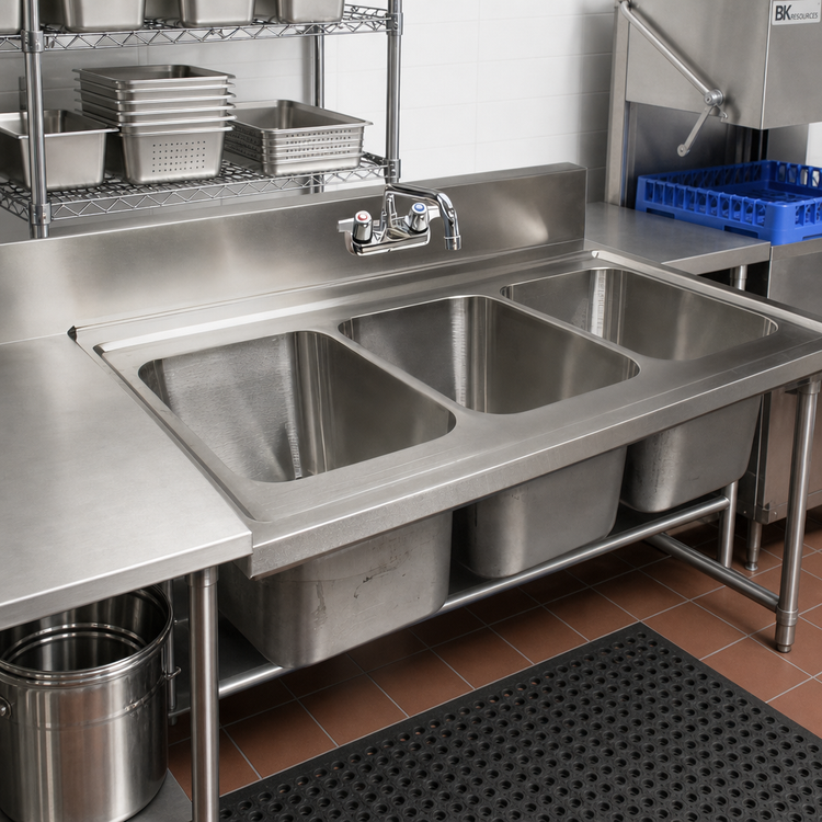 Product image #2 for BK Resources 36-Inch 3-Compartment Drop-In Sink, 18-Gauge 304 Stainless Steel, 5-Inch Riser