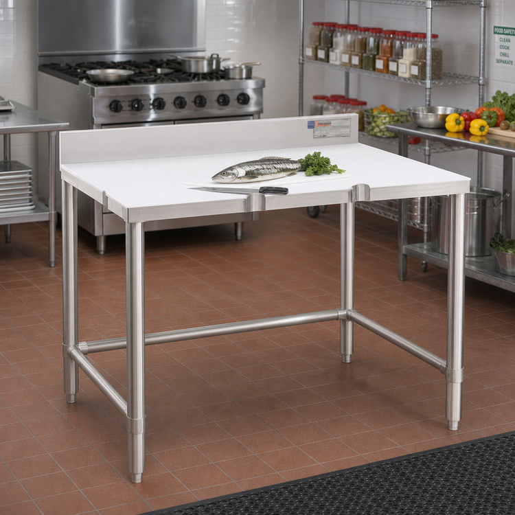 Product image #2 for Eagle Group Open Base Stainless Steel Poly Top Trimming Table, 108-Inch W x 36-Inch D