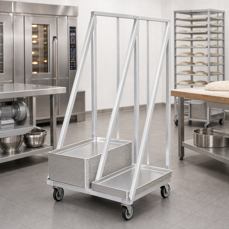 Product image #3 for Double-Wide Heavy-Duty Aluminum Bun Pan/Dough Box Dolly, 2-Stack, 200-Pan Capacity
