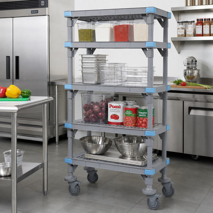 Product image #2 for Quantum Millenia Mobile Polymer Shelving Starter Unit with 5 Open Grid Shelves, 72 x 21 x 74 Inches, Gray