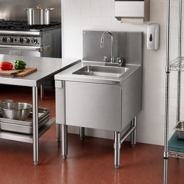Product image #2 for Eagle Group Spec-Bar Freestanding Underbar Hand Sink with Front Door, Soap Dispenser, and Paper Towel Dispenser, 18 x 24 Inches