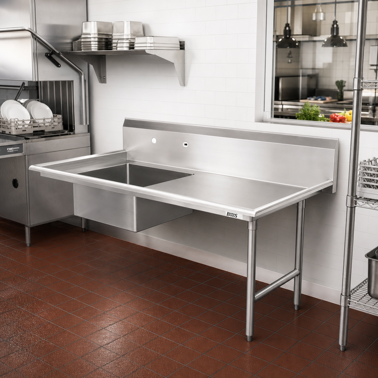 Product image #2 for John Boos Pro-Bowl 60-Inch Straight Soiled Dish Table with 20 x 20 x 8-Inch Pre-Rinse Sink Bowl, Right-to-Left
