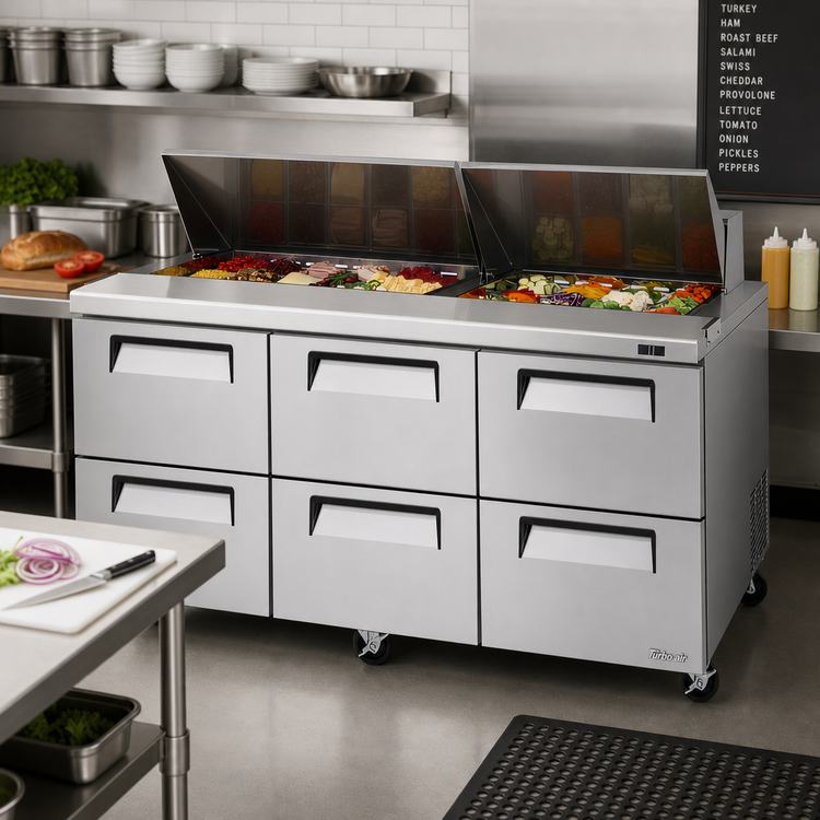 Product image #2 for Turbo Air Super Deluxe 72-5/8-Inch 3-Section 6-Drawer Sandwich/Salad Prep Table, 23 Cu. Ft., Stainless Steel, R290, 115V