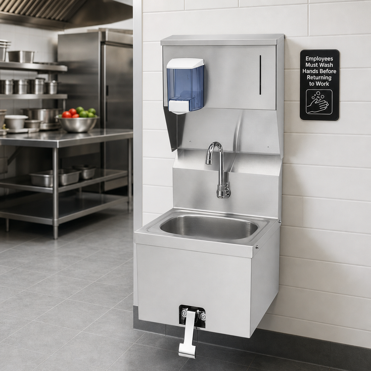 Product image #2 for Krowne HS-16 Wall-Mounted Stainless Steel Hand Sink with Soap & Towel Dispenser and Knee Pedal Valves