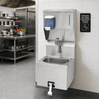 Thumbnail image #2 for Krowne HS-16 Wall-Mounted Stainless Steel Hand Sink with Knee Pedal Valves, Soap & Towel Dispenser, and 8-Inch Backsplash