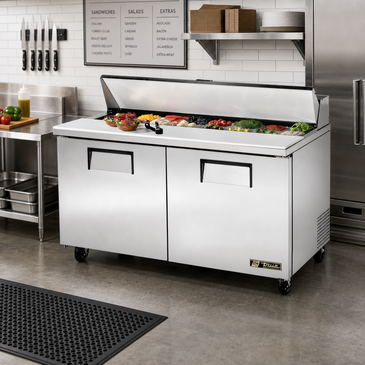 Product image #2 for True 60-Inch Two-Section Refrigerated Sandwich/Salad Prep Table with Solid Doors and 16-Pan Top