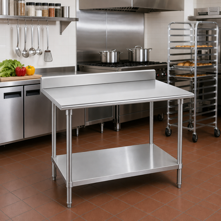 Product image #2 for Advance Tabco KMS-304 48" x 30" 304 Stainless Steel Work Table with 5" Backsplash and Adjustable Undershelf